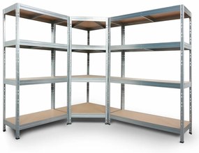 Bezskrutkový kovový regál RIVET CORNER PACK 180x210x180x45 cm, 4x HDF polica, zinok