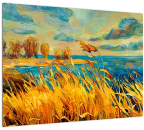Sklenený obraz - Západajúce slnko nad jazerom, akrylová maľba (70x50 cm)