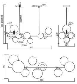 Luster na lanku MILA 10xG9/9W/230V čierna/šedá