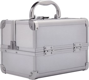 HOMCOM Profesionálny Makeup Kufrík Prenosný Kozmetický Organizér s 3-vrstvovými Zásuvkami a Zrkadlom + 2 Kľúče na Šperky a Manikúru, 20x15x15 cm, Stri