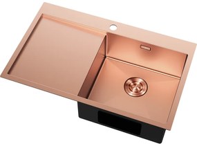 Mexen Exar, 1-komorový nerezový drez s odkvapkávačom, pravý, 780 x 480 mm, brúsená meď, 6434781010P-65