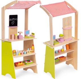 Detský drevený stánok ECOTOYS pre deti 3+ s pokladňou, terminálom, váhou, 20 dielov