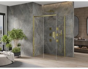Mexen Omega, sprchovací kút s posuvnými dverami 130 (dvere) x 80 (stena) cm, 8mm sklo, zlatý profil-číre sklo, 825-130-080-50-00