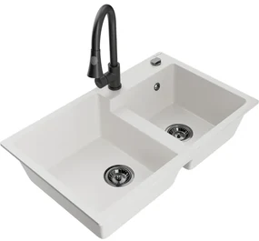 Mexen Tomas, 2-komorový granitový drez 800x500x190 mm a drezová batéria Elia, biela, 6516-20-670101-70
