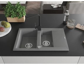 Mexen Gaspar, granitový drez 737x475x177 mm, 1,5-komorový a čierna batéria Rita, šedá, 6507-71-670300-70