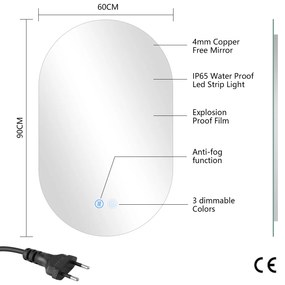 Erga Dalia, oválne LED zrkadlo 60x100cm, 3 farby svetla, zadné osvetlenie, vyhrievacia podložka proti zapareniu, ERG-V01-Dalia-6010-CL