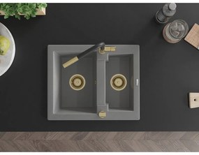 Mexen Carlos, 1,5-komorový granitový drez 582x475x177 mm a drezová batéria Flora, šedá, 6518-71-670401-57-G