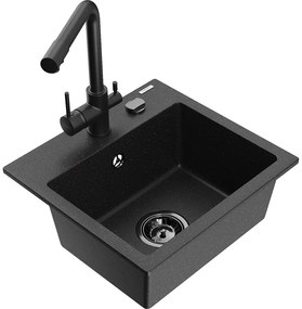 Mexen Milo, granitový drez 435x410x171 mm, 1-komorový a čierna batéria Duero, čierna - zlatá metalíza, 6505-75-671600-70-B