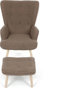 Relaxačné kreslo ušiak ROMEO II + taburet — masívne drevo, látka bouclé, prírodná / hnedá