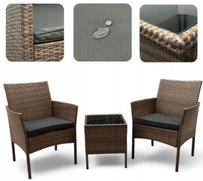 Ratanová súprava so stolíkom a 2 kreslami - hnedá + antracitové vankúše