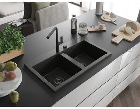 Mexen Hektor, 2-komorový granitový drez 800x480x205 mm, čierna-zlatá metalíza, grafitový sifón, 6521802000-75-B