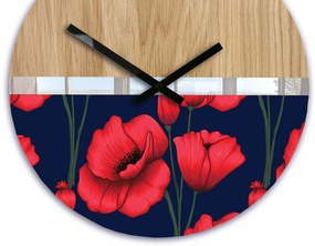 Drevené nástenné hodiny Máky 33 cm dub prírodný/červený