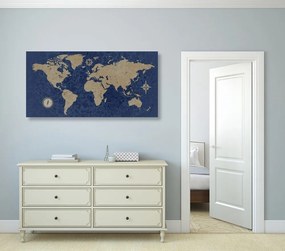 Obraz mapa sveta s kompasom v retro štýle na modrom pozadí - 120x60