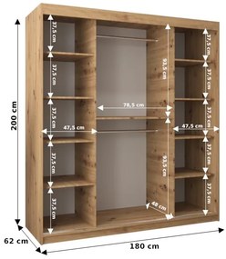 Šatníková skriňa 180 cm Milain (dub artisan). Akcia -20%. Vlastná spoľahlivá doprava až k Vám domov. 1126004