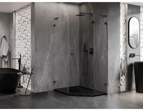 Mexen Lunar, L sklopný päťuholníkový sprchový kút pravý 90 x 100 cm, 8mm číre sklo, čierny profil, 831L-090P-100L-70-00-P