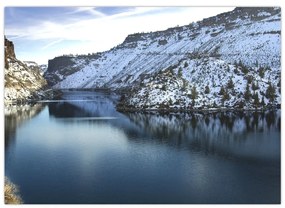 Sklenený obraz - zimná krajina s jazerom (70x50 cm)