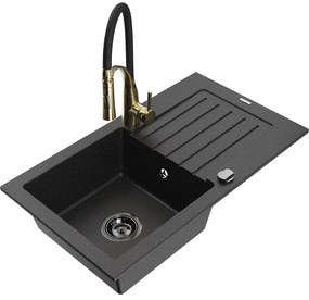 Mexen Pablo, 1-komorový granitový drez 752x436x161 mm a drezová batéria Aster, čierna-strieborná metalíza, 6510-73-73450-57-B