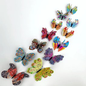 PIPPER | Samolepka na stenu "Realistické plastové 3D Motýle s dvojitými krídlami - Farebné" 12ks 6-12 cm