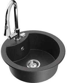 Mexen Diego, 1-komorový granitový drez 488x488x167 mm a drezová batéria Elia, čierna škvrnitá, 6512-76-670101-00