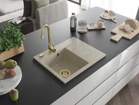 Mexen Ben, 1-komorový granitový drez 600x500x190 mm, ľavý + zlatý sifón, béžová, 6522605000-69-G