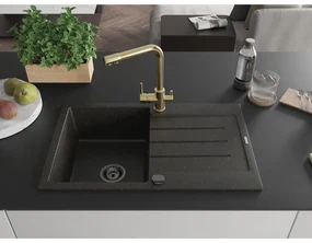 Mexen Bruno, 1-komorový granitový drez s odkvapkávačom 795x495x200 mm a zlatá batéria Duero, čierna-zlatá metalíza, 6513-75-671600-50-B