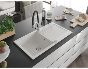 Mexen Leo, 1-komorový granitový drez 900x500x190 mm a drezová batéria Duo, biela, 6501-20-671701-07