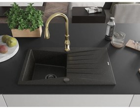 Mexen Cesar, 1-komorový granitový drez 775x470x190 mm a drezová batéria Savita, čierna-zlatá metalíza, 6514-75-672601-50-B