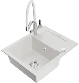 Mexen Enzo, granitový drez 576x465x174 mm, 1-komorový a drezová batéria Duo, biela, 6506-20-671701-02