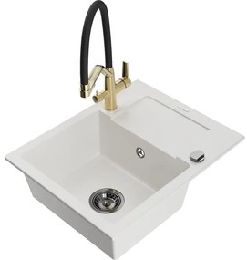 Mexen Enzo, granitový drez 576x465x174 mm, 1-komorový a drezová batéria Duo, biela, 6506-20-671701-57-B