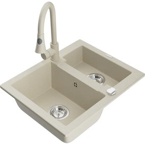 Mexen Carlos, 1,5-komorový granitový drez 582x475x177 mm a drezová batéria Elia, béžová, 6518-69-670101-69