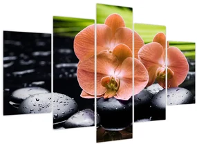 Obraz - Oranžová orchidea s palmovými listami (150x105 cm)