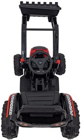 Červený detský elektrický traktorový bager 12V s diaľkovým ovládaním, pohyblivým ramenom a FM rádiom