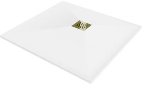 Mexen Stone+, štvorcová vanička z minerálneho kompozitu 90 x 90 cm, biela, zlatá lesklá krytka, 44109090-G