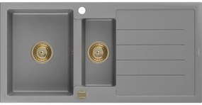 Mexen Andres, granitový drez 1000x500x200 mm, 1,5-komorový, šedá so zlatým sifónom, 6515101510-71-G