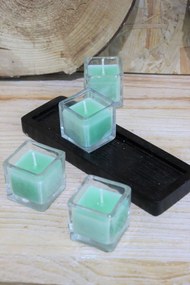 Zelené sviečky v skle na drevenej tácke 20cm
