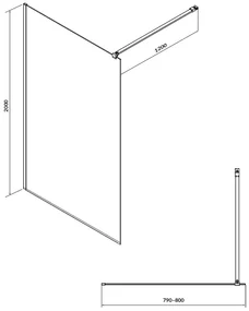 Cersanit Mille, sprchová zástena typu Walk-In 80x200 cm, 8mm číre sklo, čierny profil, S161-007
