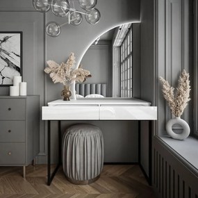 TOALETNÝ STOLÍK EMELINE BIELY VYSOKÝ LESK + ČIERNY PODSTAVEC + ZRKADLO + LED