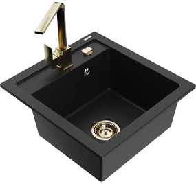 Mexen Vito, 1-komorový granitový drez 520x490x210 mm, zlatá batéria Rita, čierna, 6503-77-670300-50