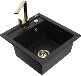 Mexen Vito, 1-komorový granitový drez 520x490x210 mm, zlatá batéria Rita, čierna, 6503-77-670300-50