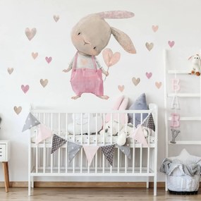 Nálepka na stenu - Ružový zajko so srdiečkom