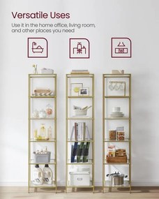 Sklenený regál, polica 6-úrovňová, oceľový rám, 30 x 40 x 177,3 cm, zlatá farba