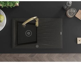 Mexen Cesar, 1-komorový granitový drez 775x470x190 mm a drezová batéria Savita, čierna-zlatá metalíza, 6514-75-672601-50-B