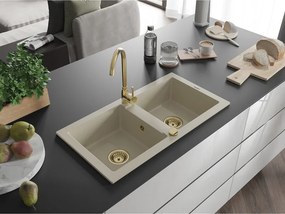 Mexen Mario, granitový drez 820x436x161 mm, 2-komorový, béžová so zlatým sifónom, 6504822000-69-G