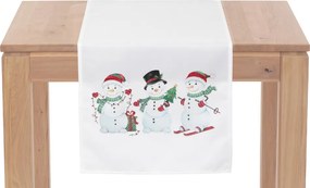 Vianočný behúň na stôl Snehuliaci 150x40 cm, biely