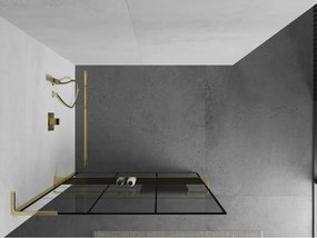 Mexen Kioto+ L, sprchová zástena Walk-In s poličkou a vešiakom 120 x 200 cm, 8mm číre sklo čierny vzor, zlatý lesklý profil,800-120-123-50-77