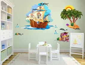 Farebná dekoračná nálepka na stenu pirátska loď s pokladom 60 x 120 cm