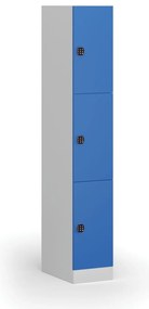 Šatníková skrinka S1 s úložnými boxmi, 3 boxy, 1850 x 300 x 500 mm, demont, kódový zámok, modré dvere