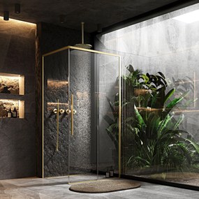 Rea Solar, sprchovací kút s posuvnými dverami 100x80 cm + čierna sprchová vanička Savoy, zlatá matná, KPL-96021