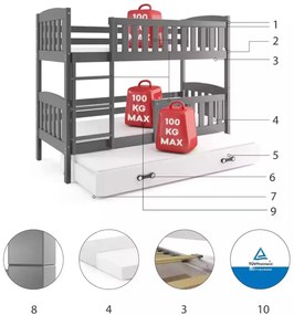 Poschodová posteľ s prístelkou KUBO 3 200x90 grafitová - biela