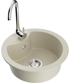 Mexen Diego, 1-komorový granitový drez 488x488x167 mm, chrómový sifón, chrómová batéria Telma, béžová, 6512-69-670200-00